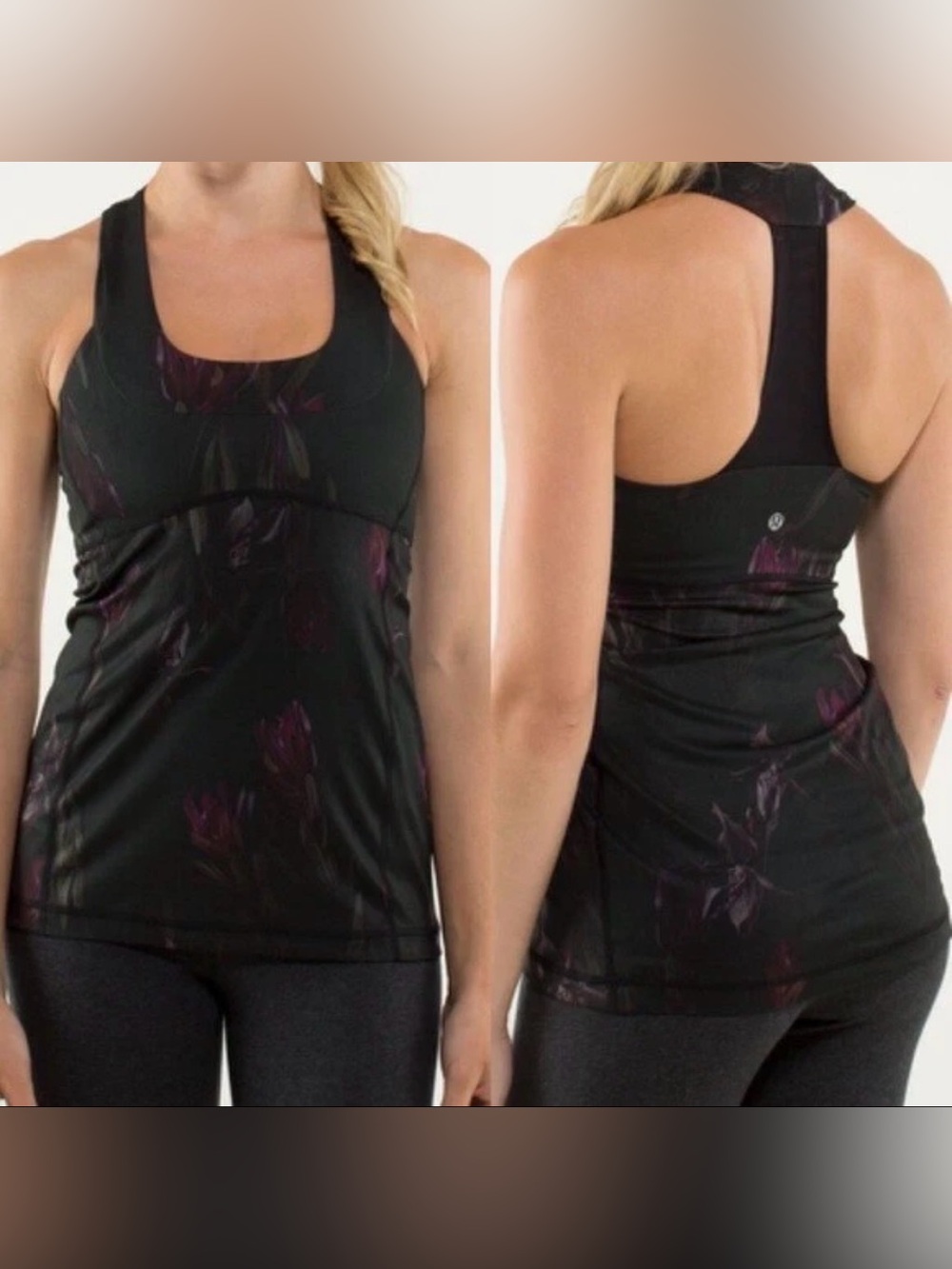 EUC Lululemon Scoop Neck Tank Black Midnight Iris Athletic Built in Bra - Size 4